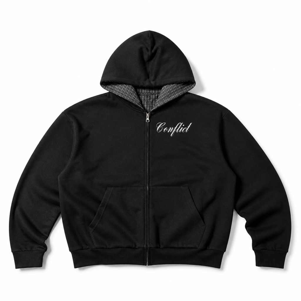 Black Plaid Zip Up Hoodie
